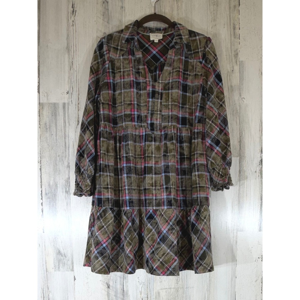 Umgee Mini Dress Medium Olive Pink Plaid Cotton Tiered Babydoll VNeck Boho